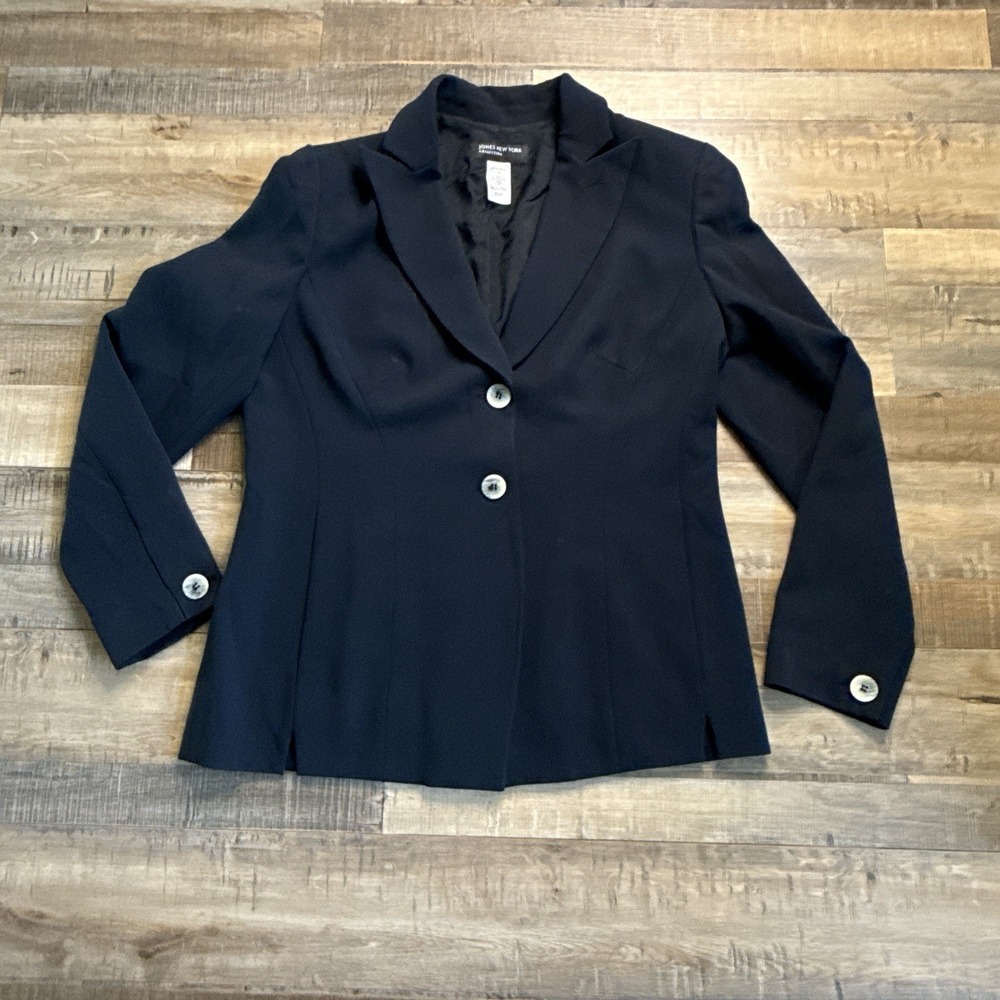 Jones New York Tailored Business Blazer Navy Blue Sz 10 Stretch Lined Preppy